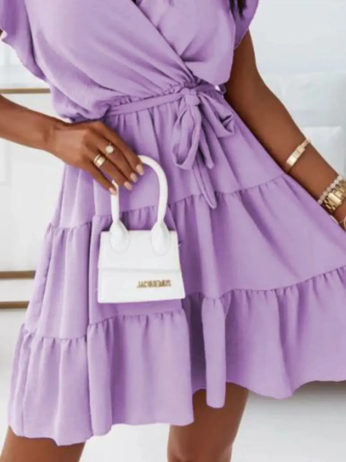 Ruffled Surplice Cap Sleeve Mini Dress