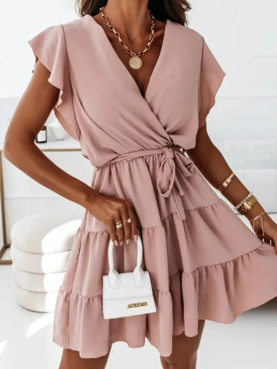 Ruffled Surplice Cap Sleeve Mini Dress