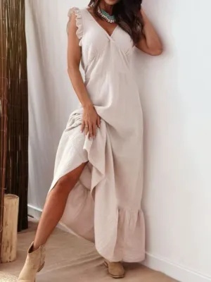Ruffled V-Neck Cap Sleeve Maxi Dress