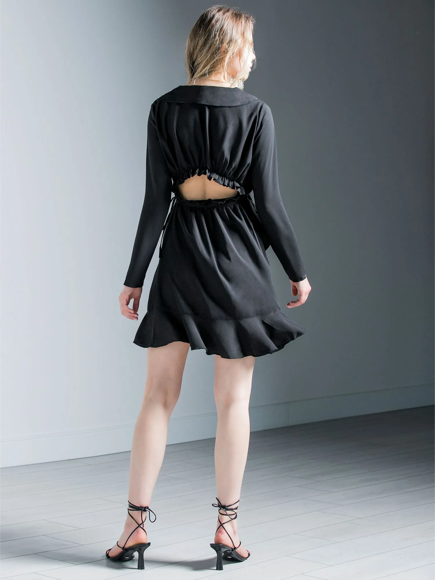 RUFFLED WRAP MINI DRESS, BLACK