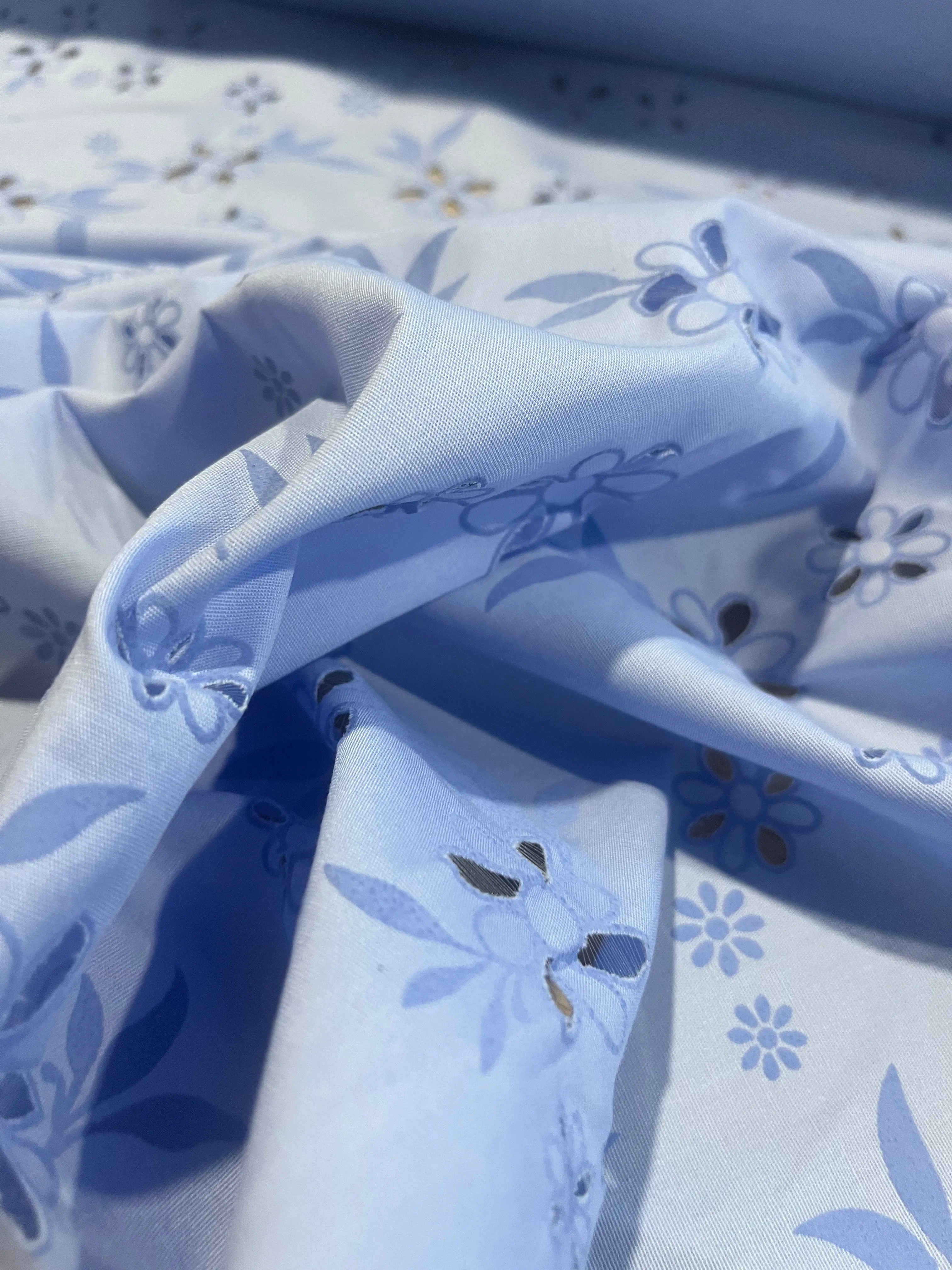 Sangallo cotton stretch lasercut puff print design 1 blue