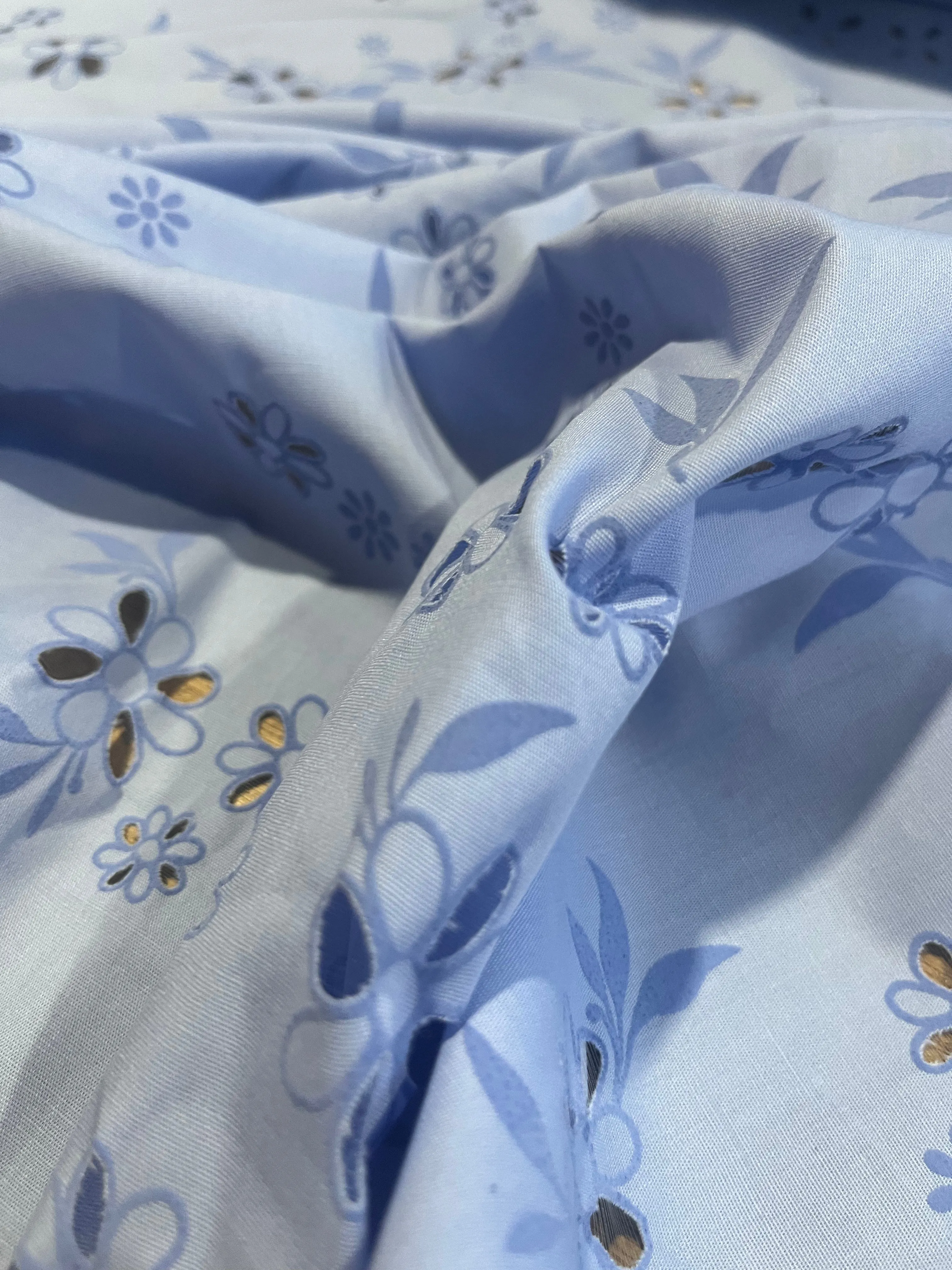 Sangallo cotton stretch lasercut puff print design 1 blue