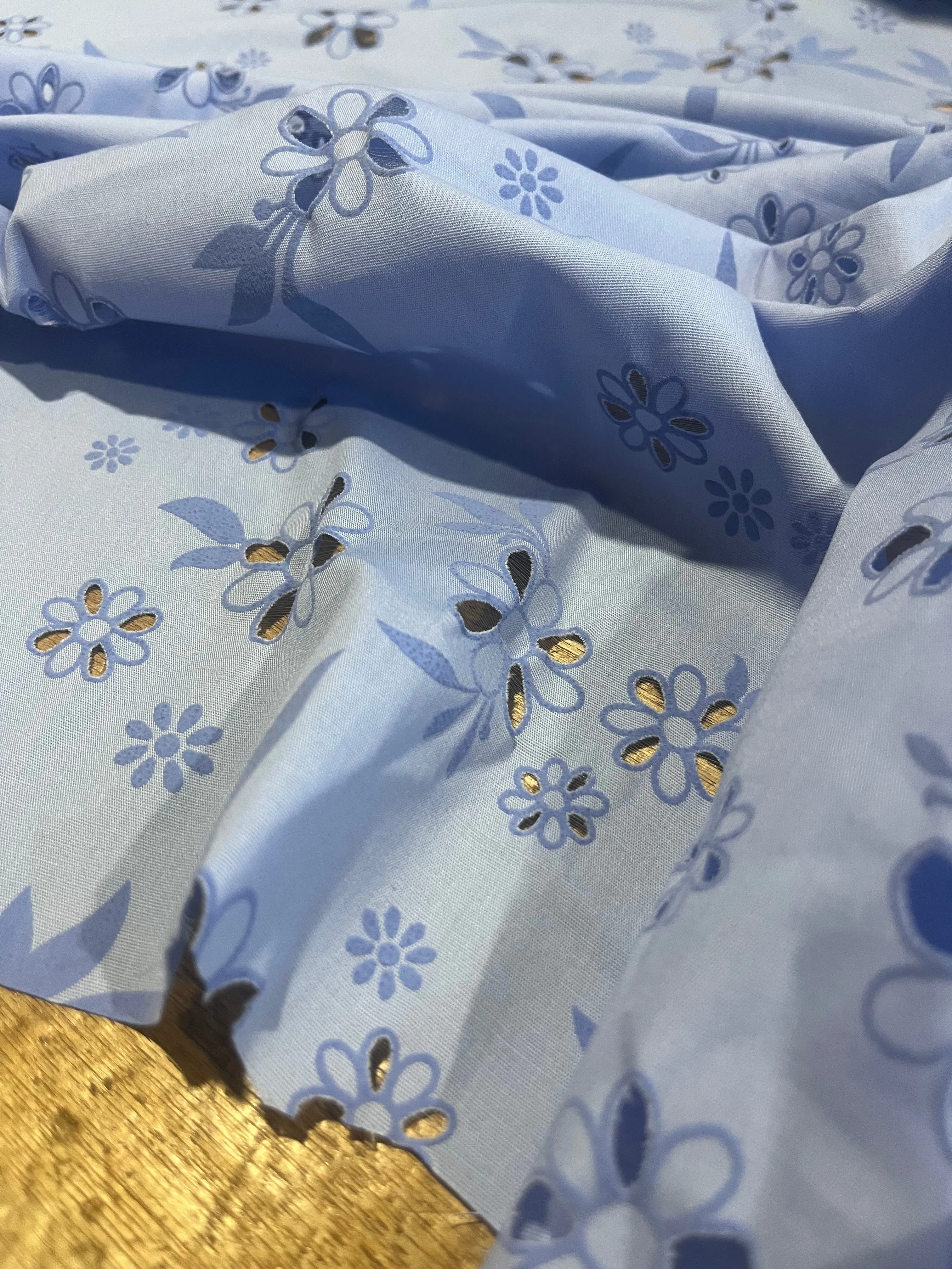 Sangallo cotton stretch lasercut puff print design 1 blue
