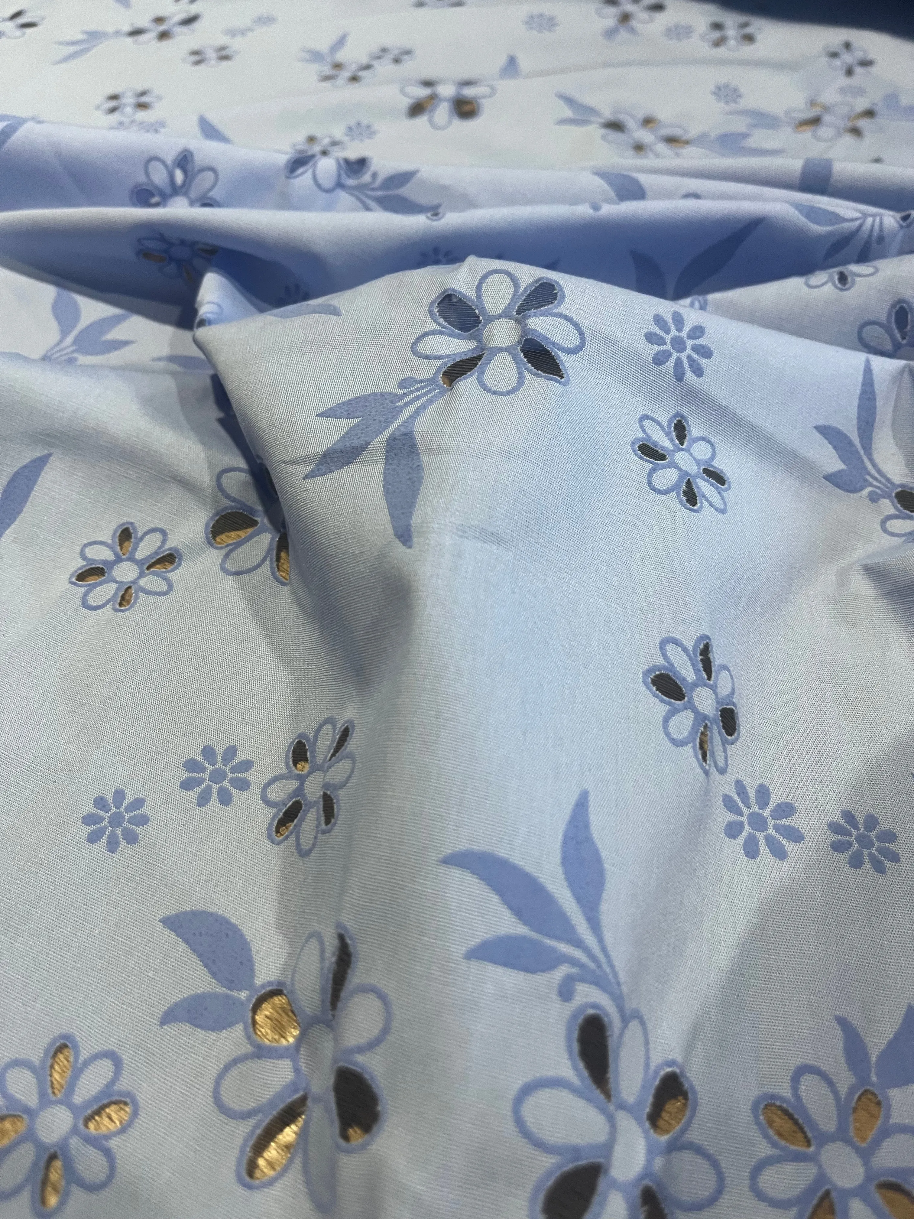 Sangallo cotton stretch lasercut puff print design 1 blue
