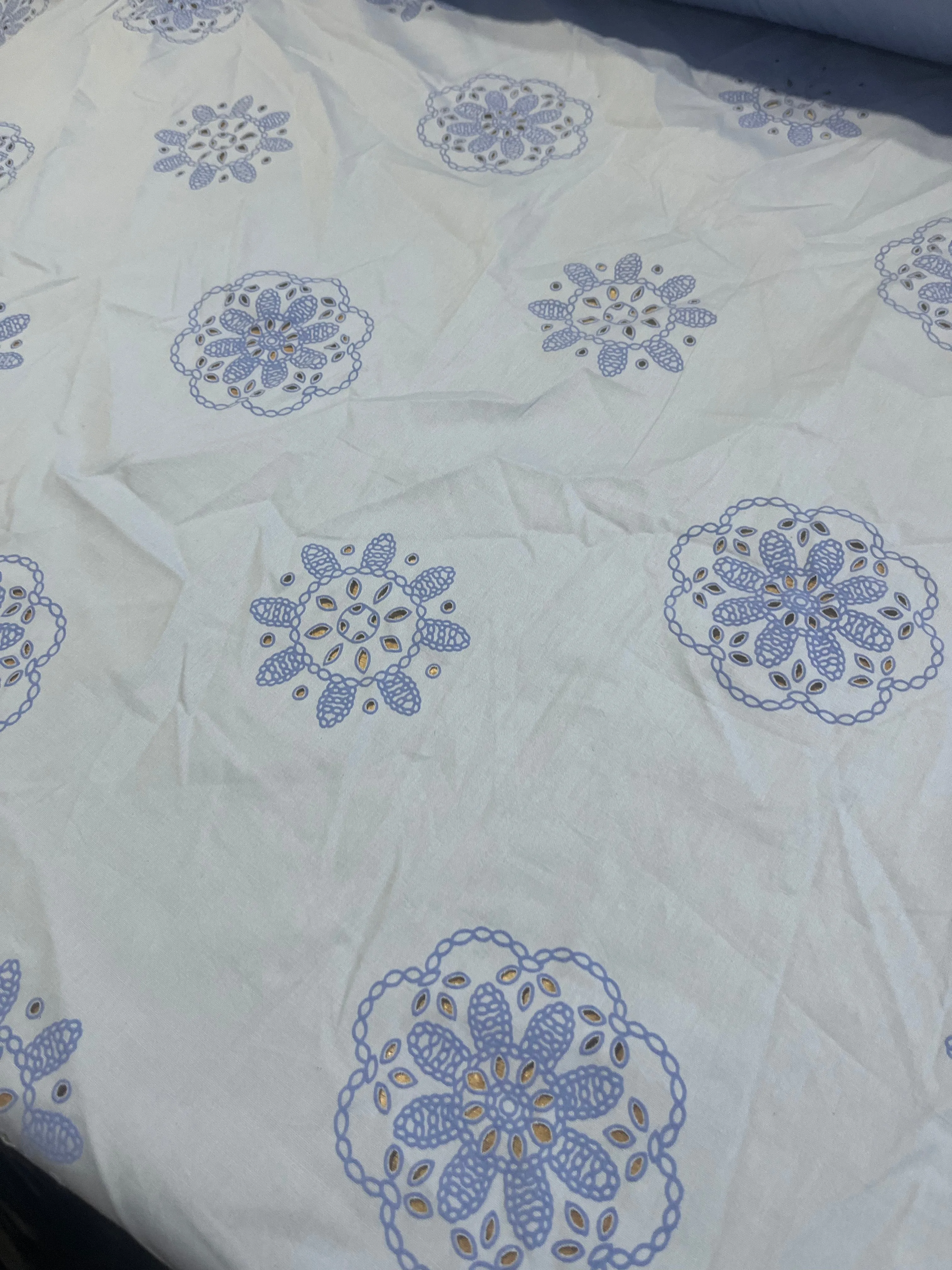 Sangallo cotton stretch lasercut puff print design 3 blue