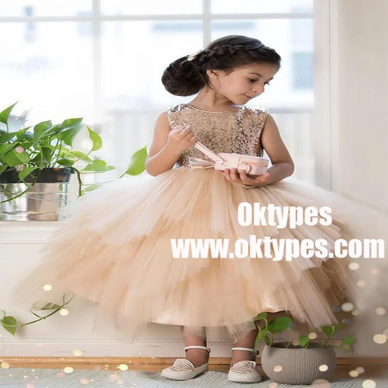 Sequin Top Champagne gold Flower Girl Dress, Champagne Tutu Flower Girl Dresses, TYP0846