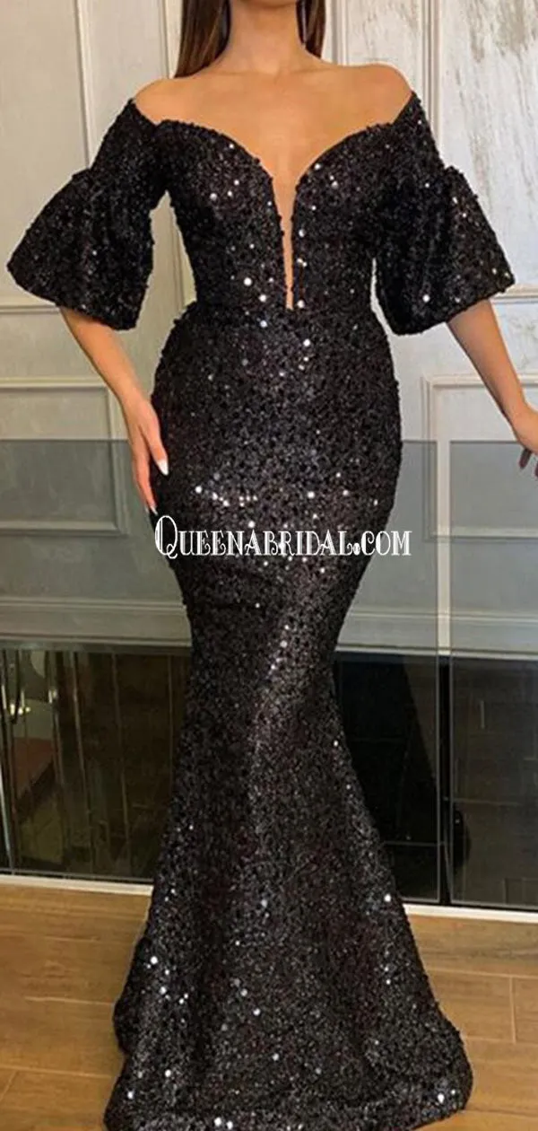 Sexy Bling Black Off Shoulder Mermaid Long Prom Dresses, PDS0131
