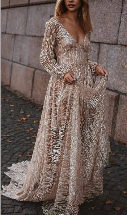 Sexy Deep V Long Sleeve Dress Slim Dress