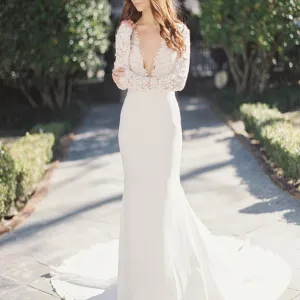 Sexy Deep V-Neck Lace Top Mermaid Wedding Party Dresses, long sleeve wedding gown ,WDY0104