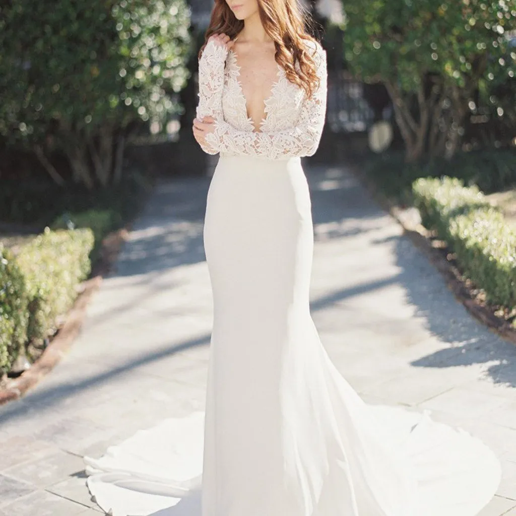 Sexy Deep V-Neck Lace Top Mermaid Wedding Party Dresses, long sleeve wedding gown ,WDY0104