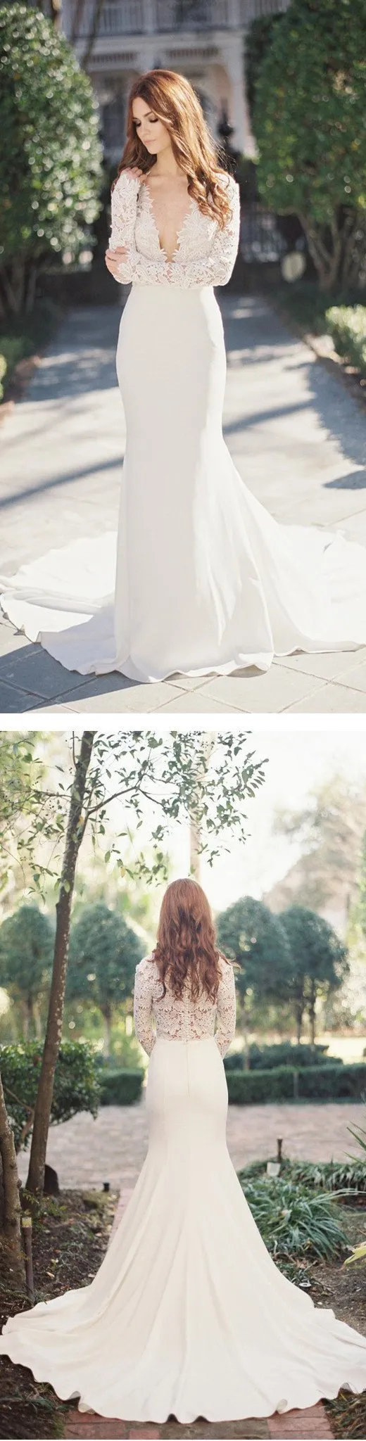 Sexy Deep V-Neck Lace Top Mermaid Wedding Party Dresses, long sleeve wedding gown ,WDY0104