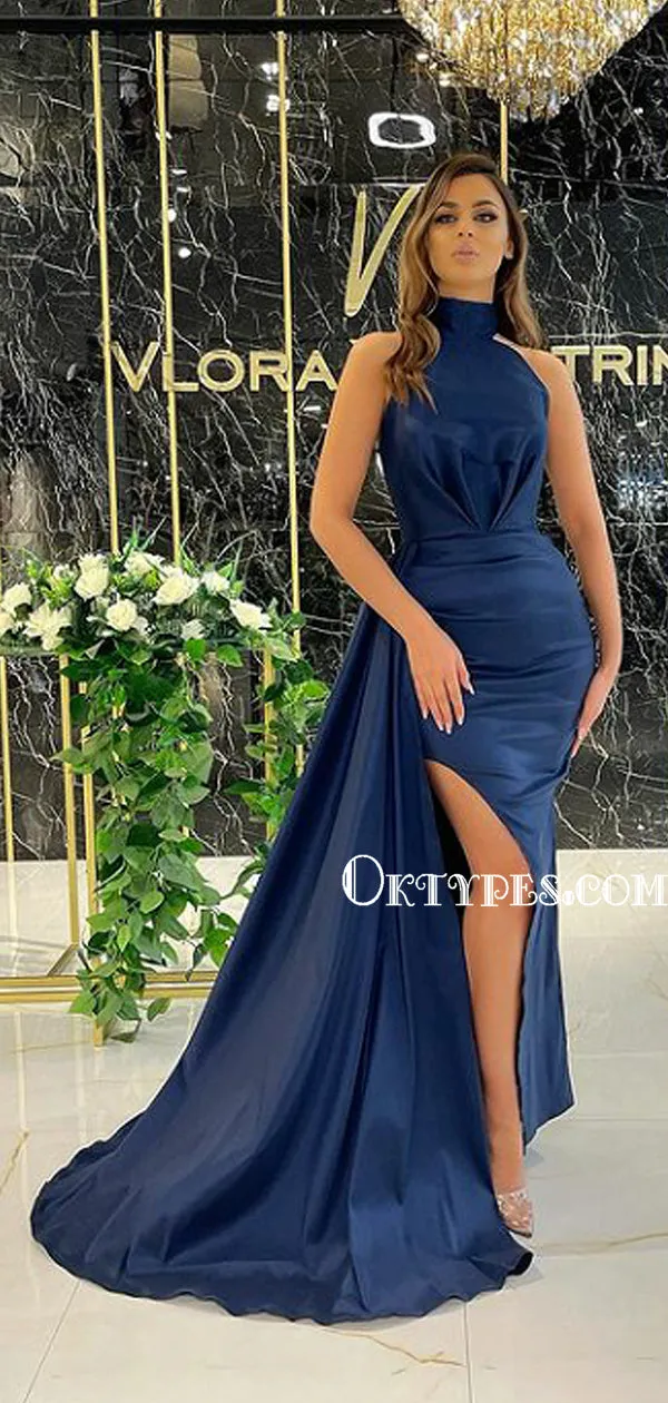 Sexy Halter Mermaid Side Slit Cheap Long Prom Dresses, PDS0158