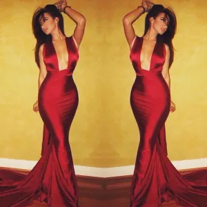 Sexy Halter Red Satin Long Mermaid Cheap Popular Prom Dresses, BG0292