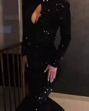 Sexy Mermaid Black Sequin Fabric Western Pattern Evening Party Gown