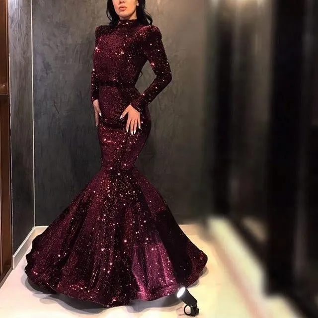 Sexy Mermaid Black Sequin Fabric Western Pattern Evening Party Gown