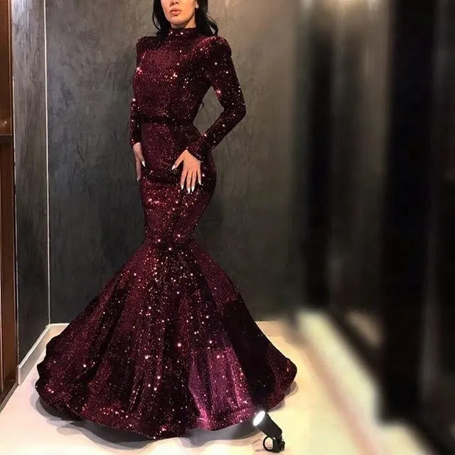 Sexy Mermaid Black Sequin Fabric Western Pattern Evening Party Gown