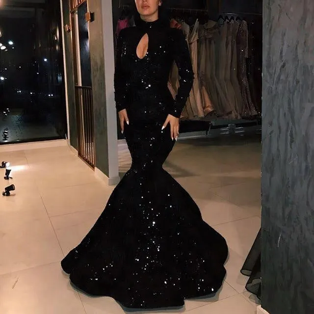 Sexy Mermaid Black Sequin Fabric Western Pattern Evening Party Gown