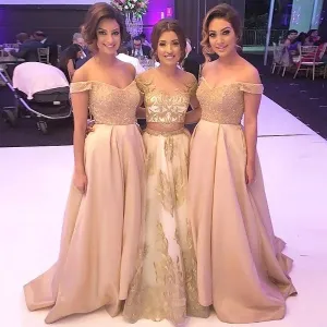 Sexy Off-Shoulder Satin Bridesmaid Dresses with Beading & Lace, QB0119