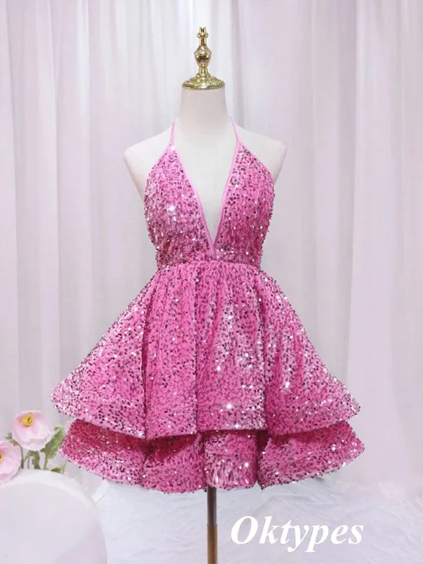 Sexy Sequin Halter Deep V-Neck A-Line Mini Dresses/ Homecoming Dresses, PDS0546