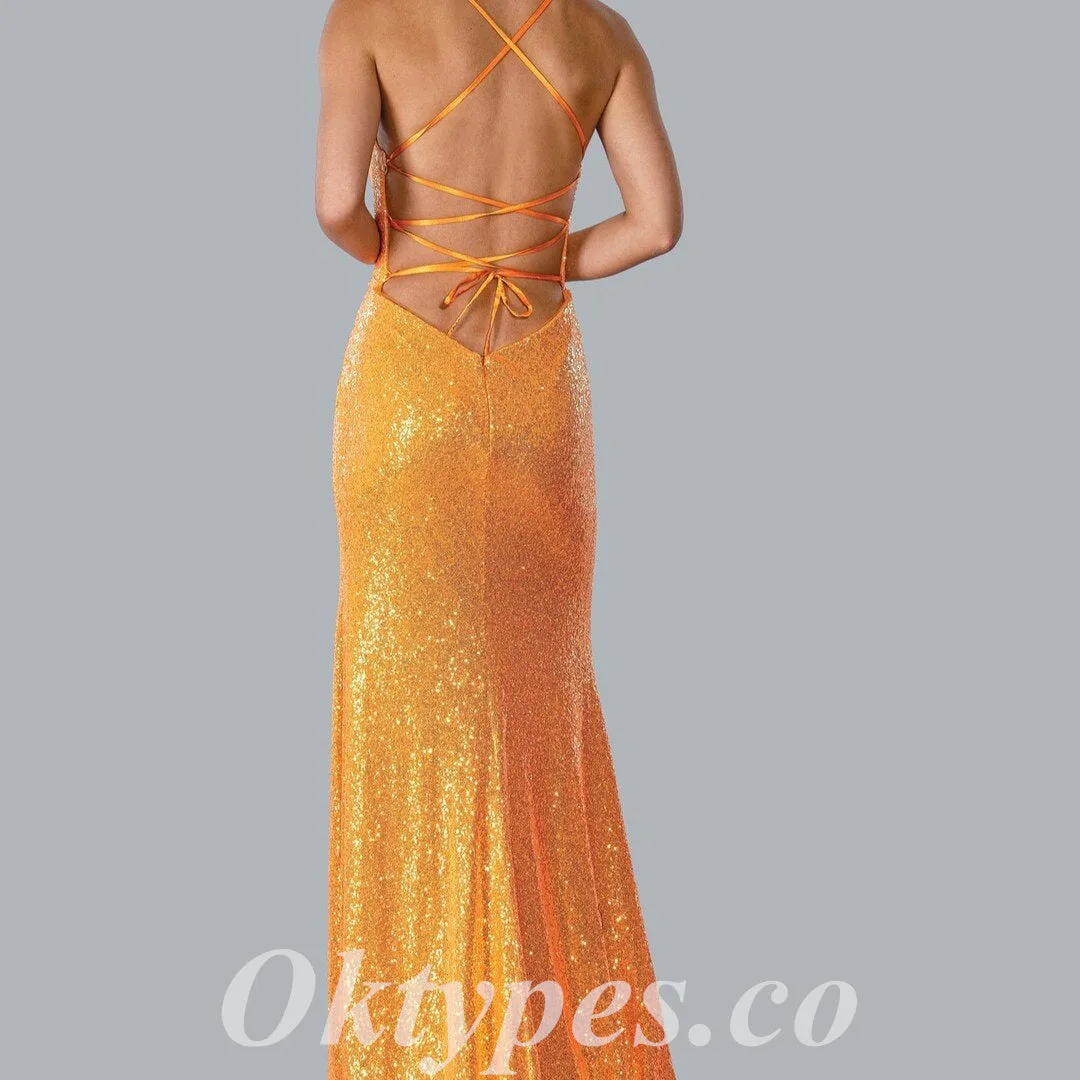 Sexy Sequin Spaghetti Straps V-Neck Criss Cross Lace Up Side Slit Mermaid Long Prom Dresses,PDS0761