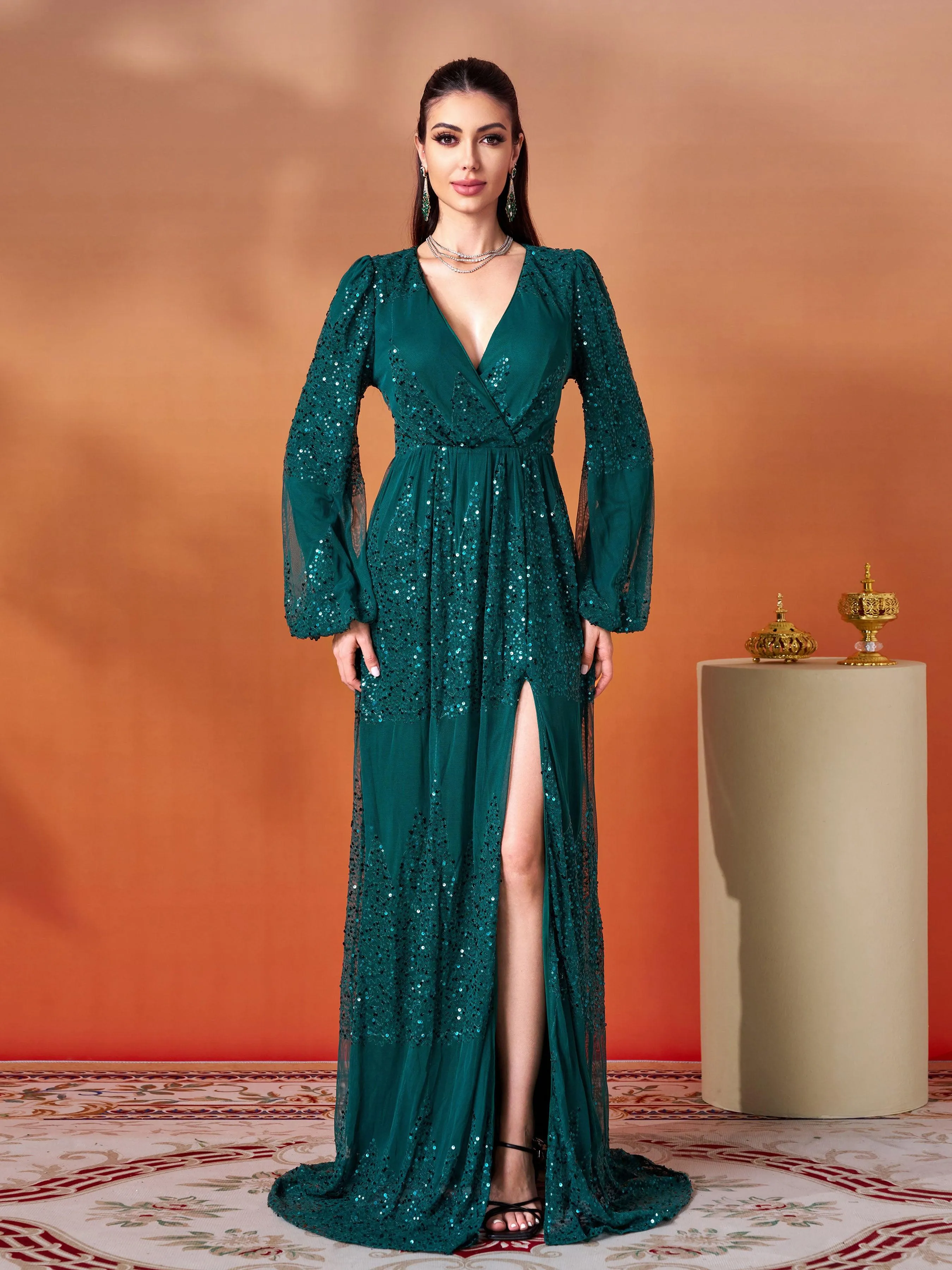 Sexy V-neck Slit Sequin Prom Dress GM00627