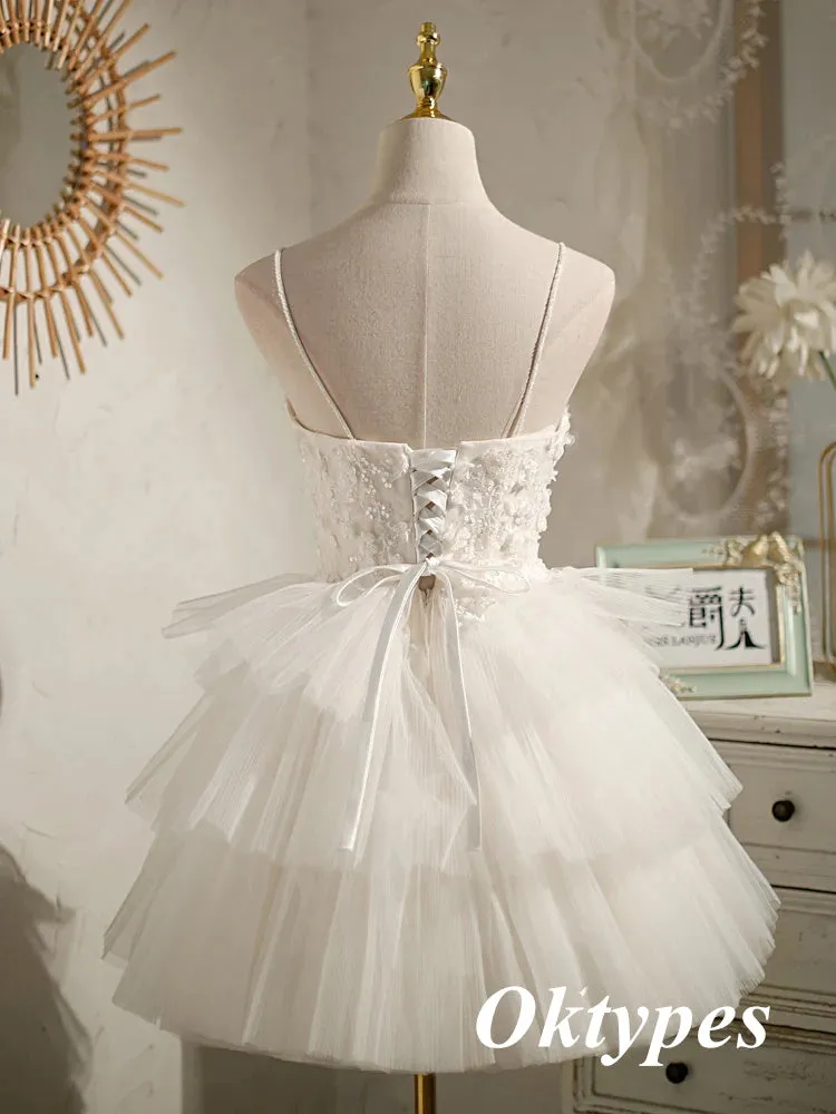 Sexy White Tulle Spaghetti Straps V-Neck A-Line Mini Dresses/ Homecoming Dresses With Beading, PDS0535