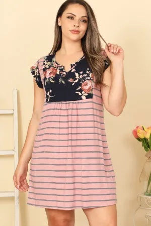 Short Sleeve Contrast Floral Stripes Dress