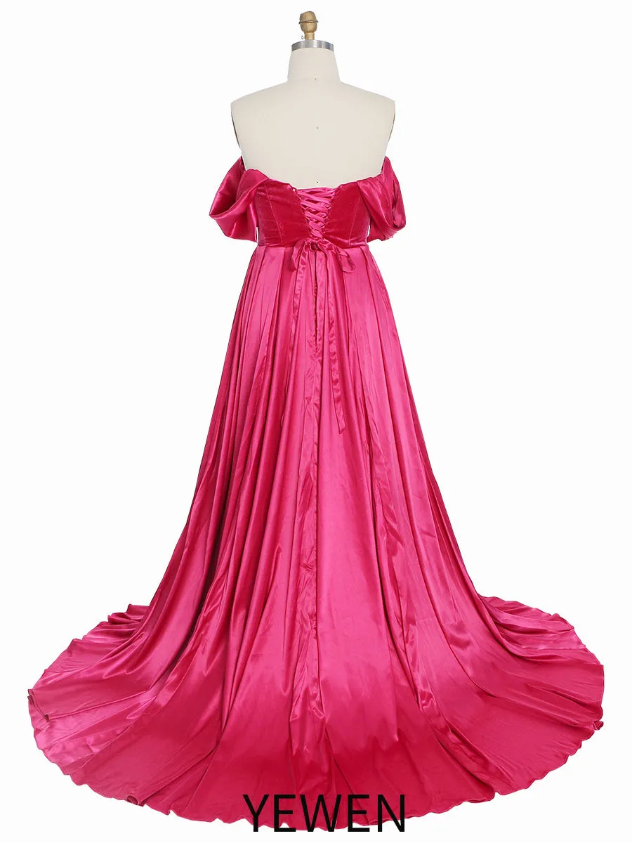 Short Sleeves Off Shoulder Flowy Satin Prom Dress Photoshoot Dress YW231079