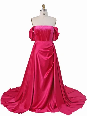 Short Sleeves Off Shoulder Flowy Satin Prom Dress Photoshoot Dress YW231079