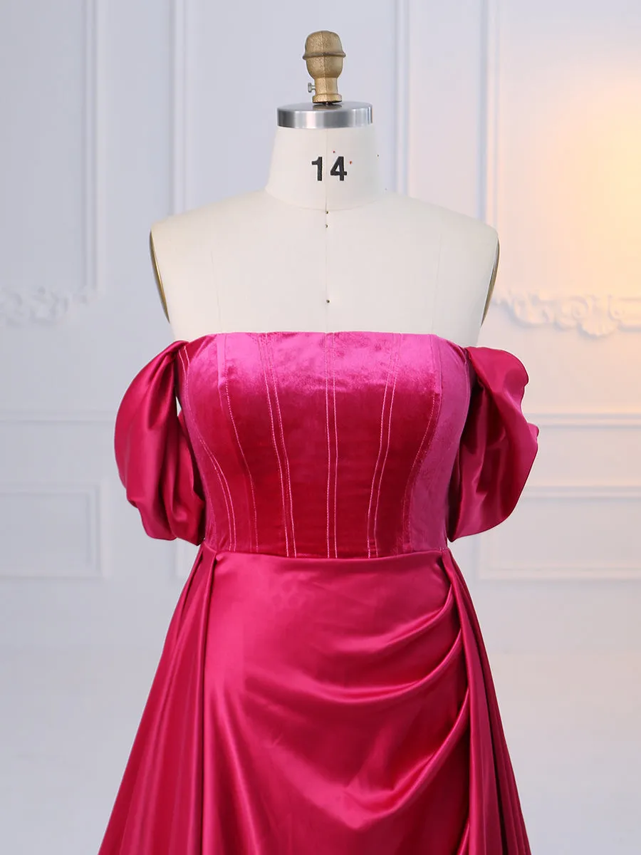 Short Sleeves Off Shoulder Flowy Satin Prom Dress Photoshoot Dress YW231079