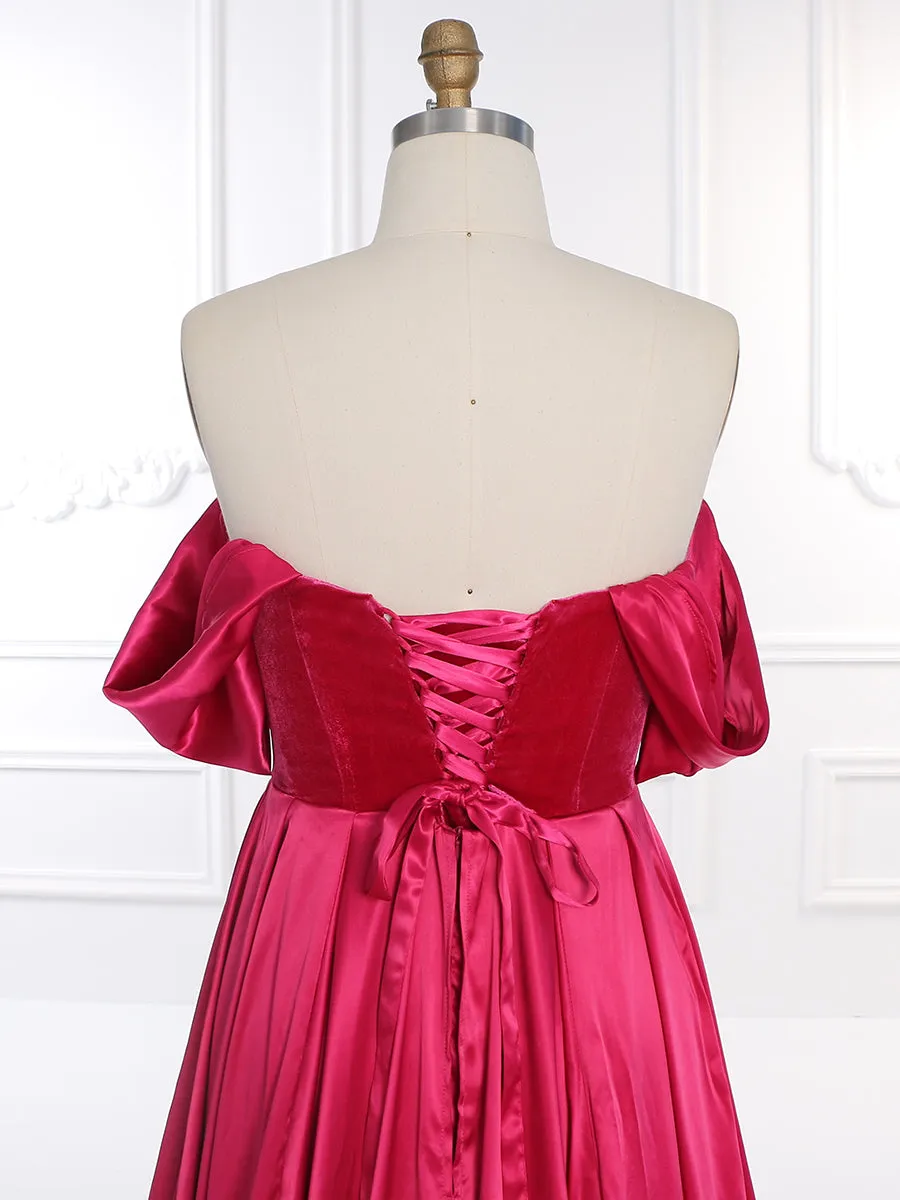 Short Sleeves Off Shoulder Flowy Satin Prom Dress Photoshoot Dress YW231079