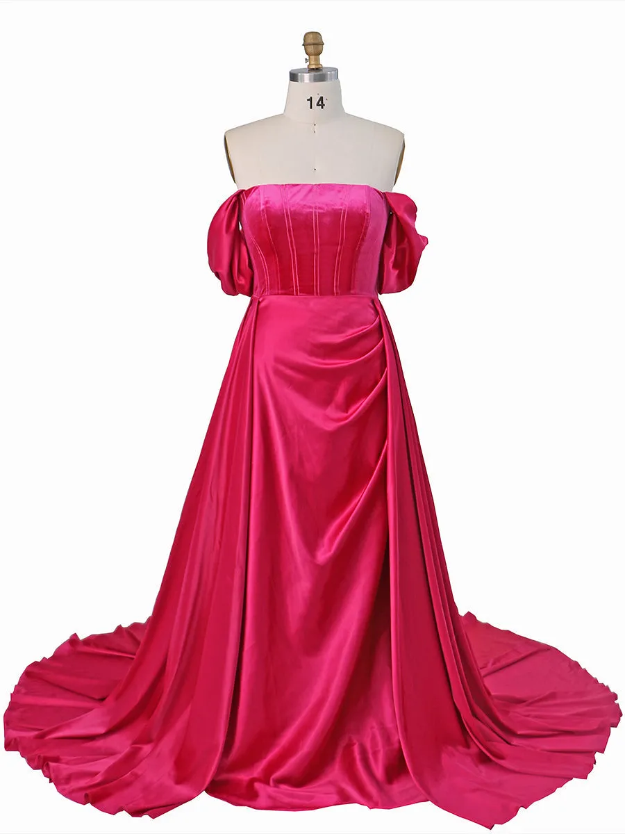 Short Sleeves Off Shoulder Flowy Satin Prom Dress Photoshoot Dress YW231079