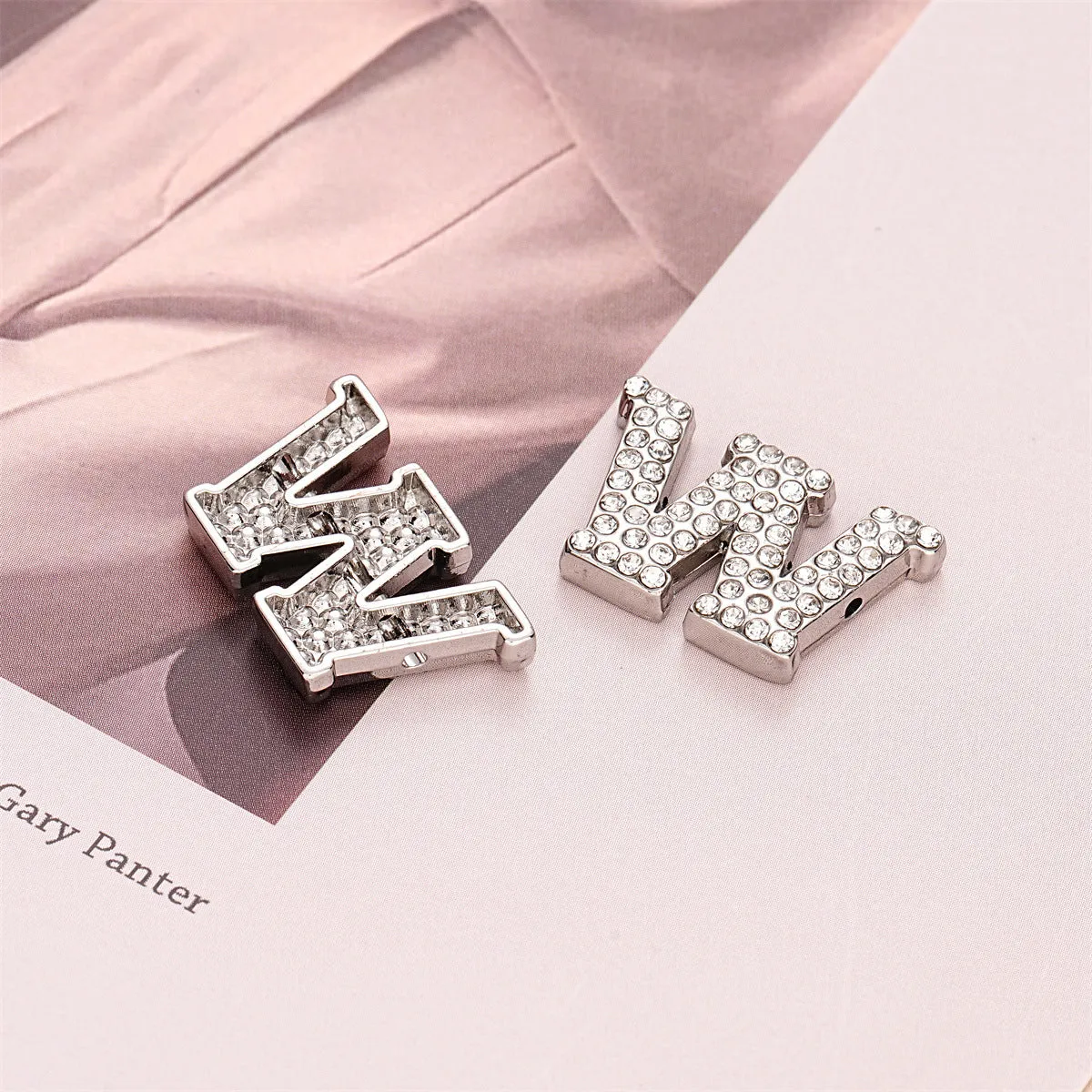 Silver Full-Diamond Letter A W-Shaped Hand-Sewn Metal Button 10pcs