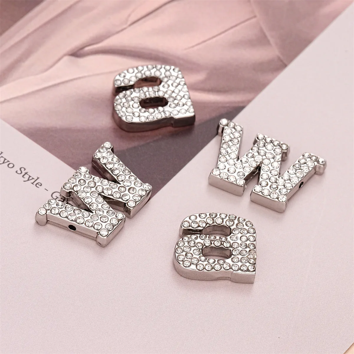 Silver Full-Diamond Letter A W-Shaped Hand-Sewn Metal Button 10pcs