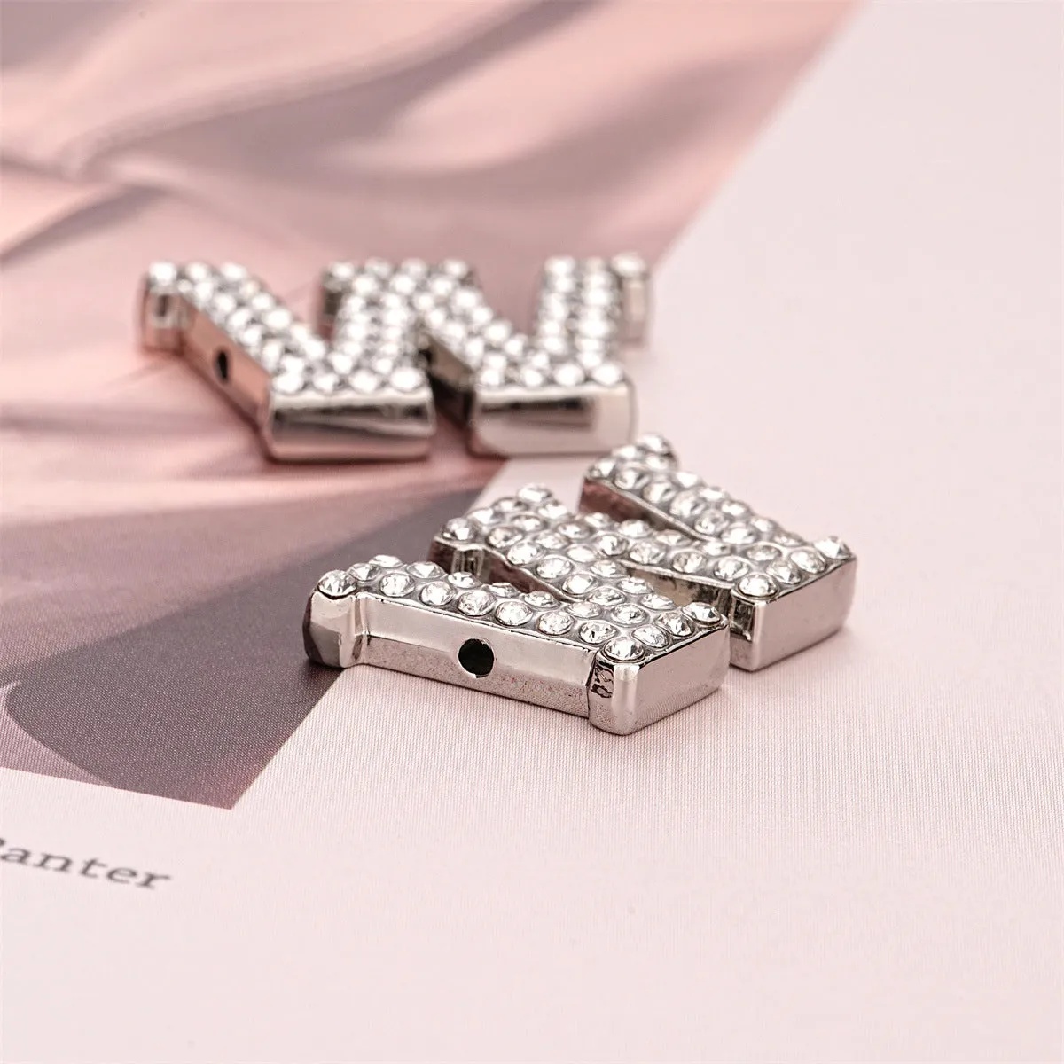 Silver Full-Diamond Letter A W-Shaped Hand-Sewn Metal Button 10pcs