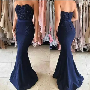 Simple Strapless Mermaid Navy Blue Prom Dresses Beading Appliques