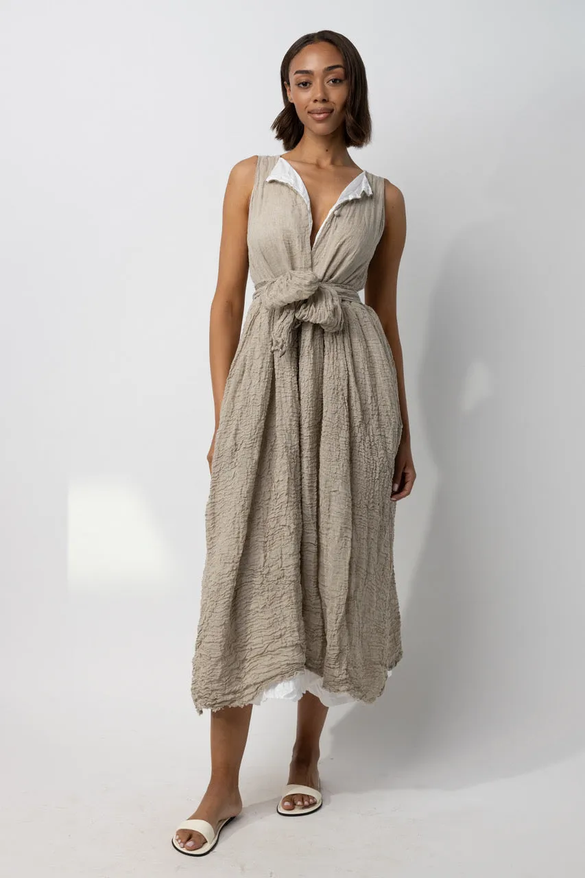 Sleeveless Cotton and Linen Dress with Self-tie Belt