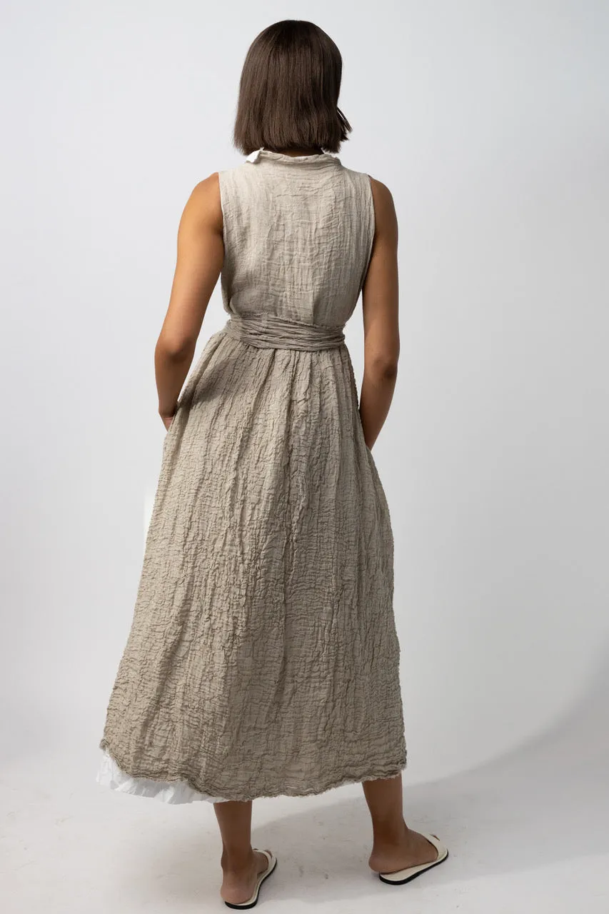 Sleeveless Cotton and Linen Dress with Self-tie Belt