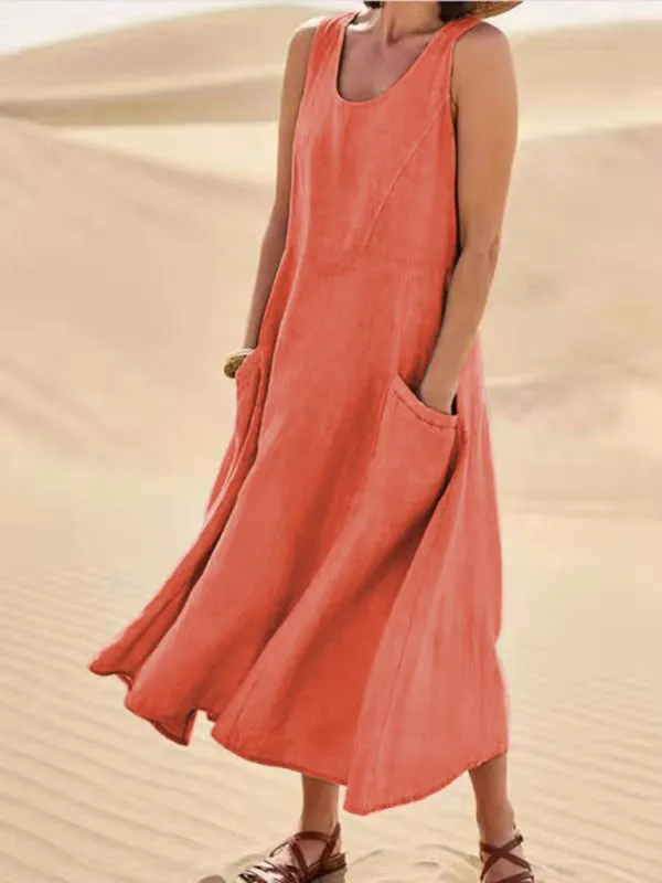 Sleeveless Cotton Linen Dress with Pockets and Round Neck