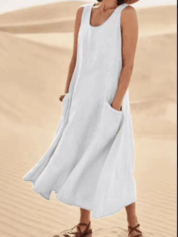 Sleeveless Cotton Linen Dress with Pockets and Round Neck