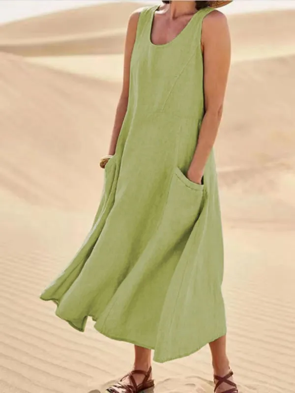 Sleeveless Cotton Linen Dress with Pockets and Round Neck