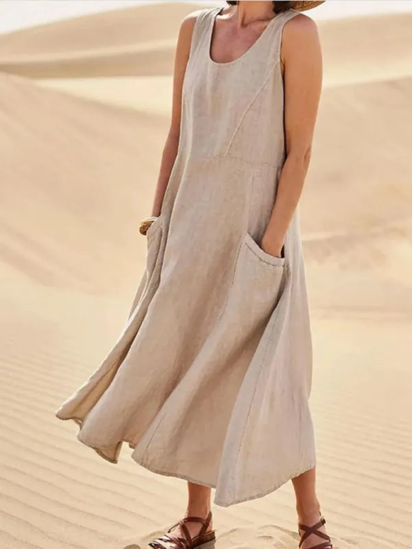 Sleeveless Cotton Linen Dress with Pockets and Round Neck
