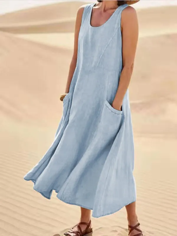 Sleeveless Cotton Linen Dress with Pockets and Round Neck
