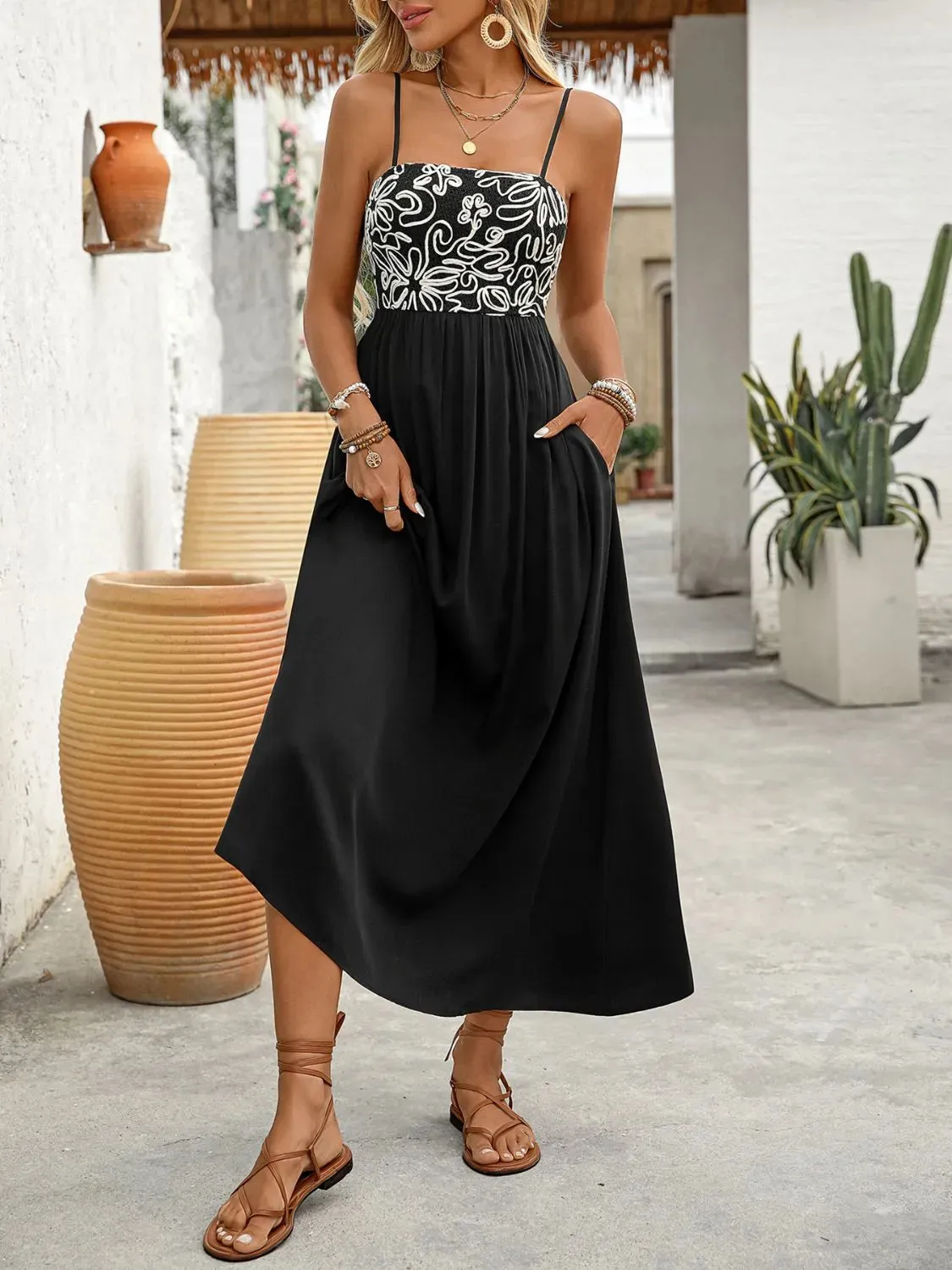 Smocked Midi Cami Dress with Pockets