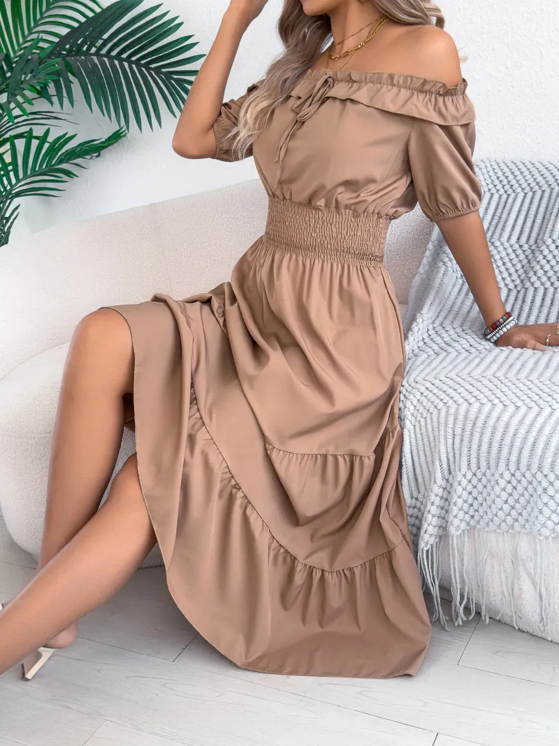 Smocked Off-Shoulder Tiered Dress