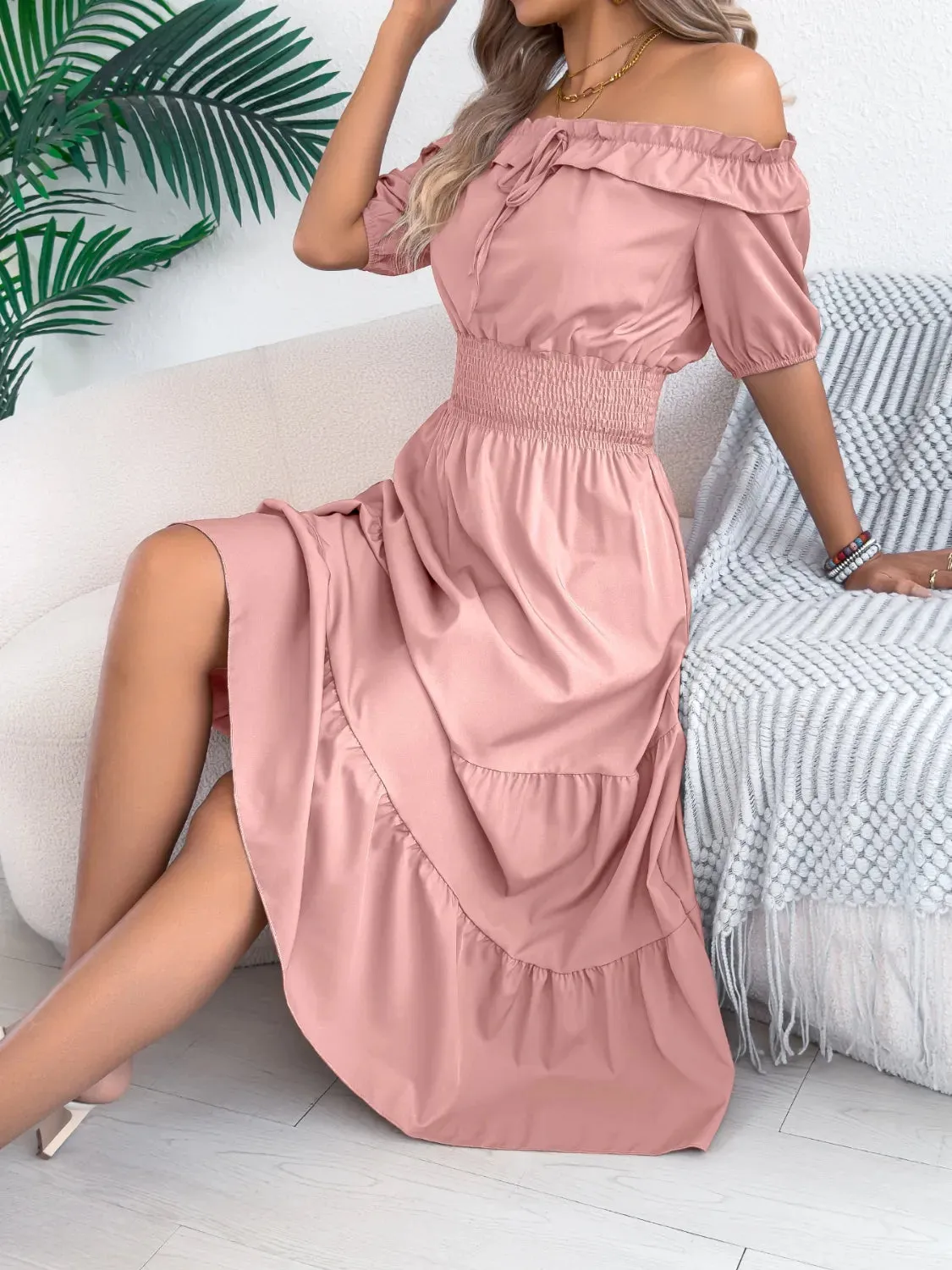Smocked Off-Shoulder Tiered Dress