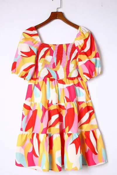 Smocked Printed Puff Sleeve Mini Dress