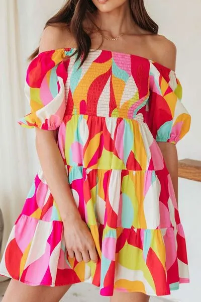Smocked Printed Puff Sleeve Mini Dress
