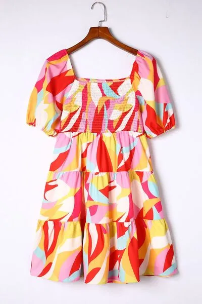 Smocked Printed Puff Sleeve Mini Dress