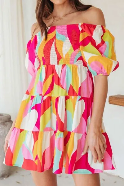 Smocked Printed Puff Sleeve Mini Dress